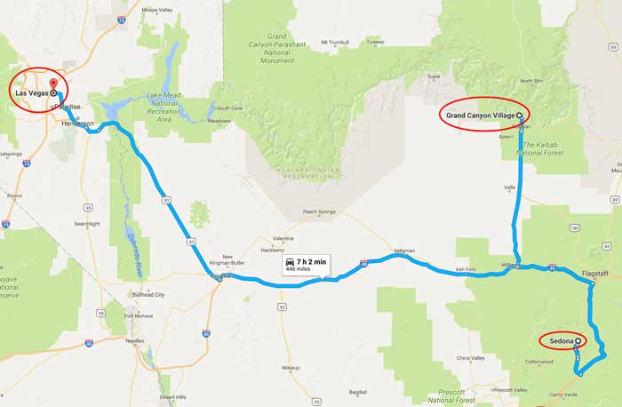 Grand Canyon Village to Sedona to Las Vegas map