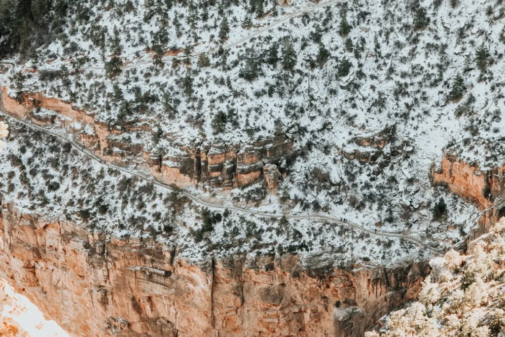 Hikers in a snow covered trail in the Grand Canyon